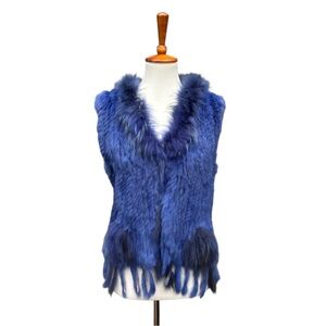 Metric Knits Blue Rabbit Fur Vest w/ Raccoon Trim | Size L | Ultra Soft